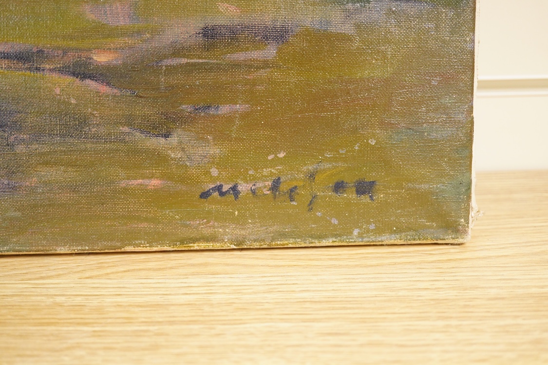 Mid century, harbour view with moored boats, indistinctly signed, oil on canvas, unframed, 63 x 76cm